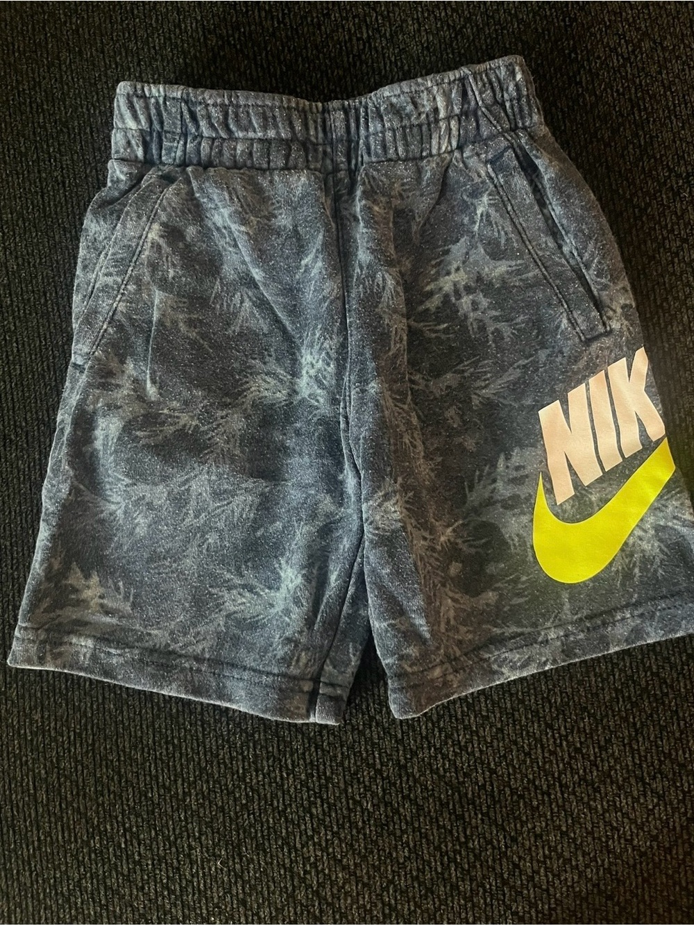 Nike Kids Navy Tie-Dye Shorts with Yellow Swoosh Logo